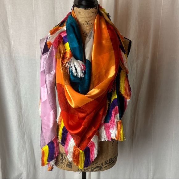 ETRO Silk Multicolor Scarf Fringe Colorblock Paisley 60” Square Boho Gypsy